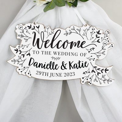 Personalised Monochrome Floral Wedding Wooden Hanging Decoration