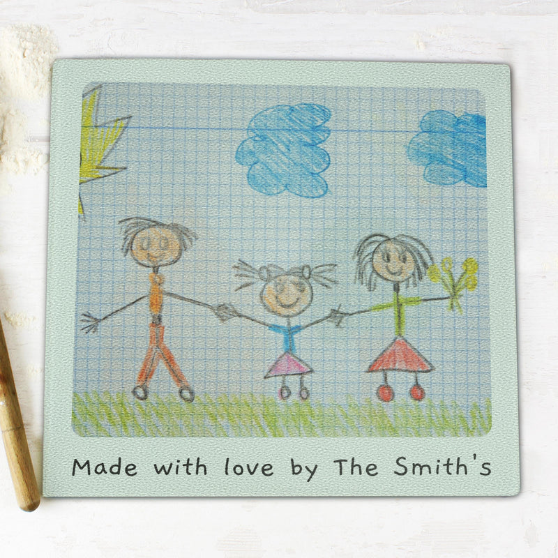 Personalised Childrens Drawing Photo Upload Glass Chopping Board/Worktop Saver