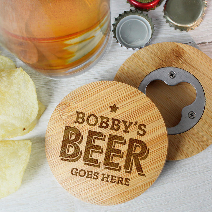 Personalised Beer Goes Here Bamboo Bottle Opener Coaster – alternative view