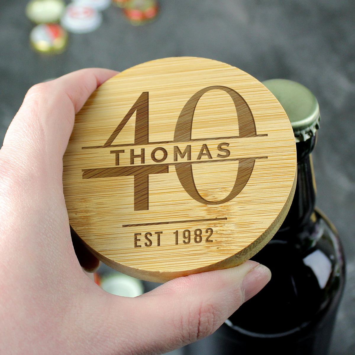 Personalised Big Age Bamboo Bottle Opener Coaster, The Personal Shop, personalised gifts