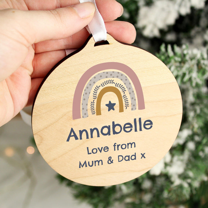 Personalised Pink Rainbow Round Wooden Decoration – alternative view