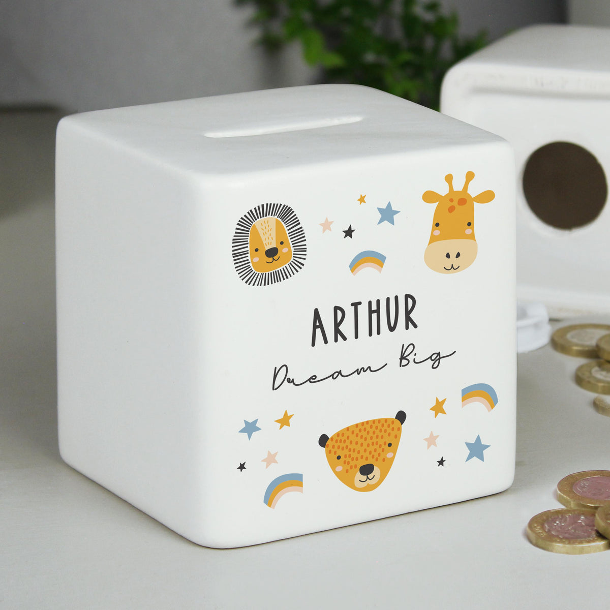 Personalised Scandi Safari Animals Ceramic Square Money Box – alternative view