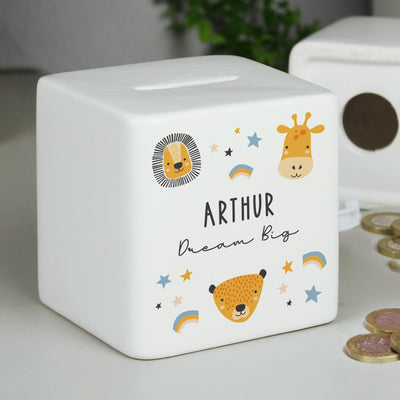 Personalised Scandi Safari Animals Ceramic Square Money Box