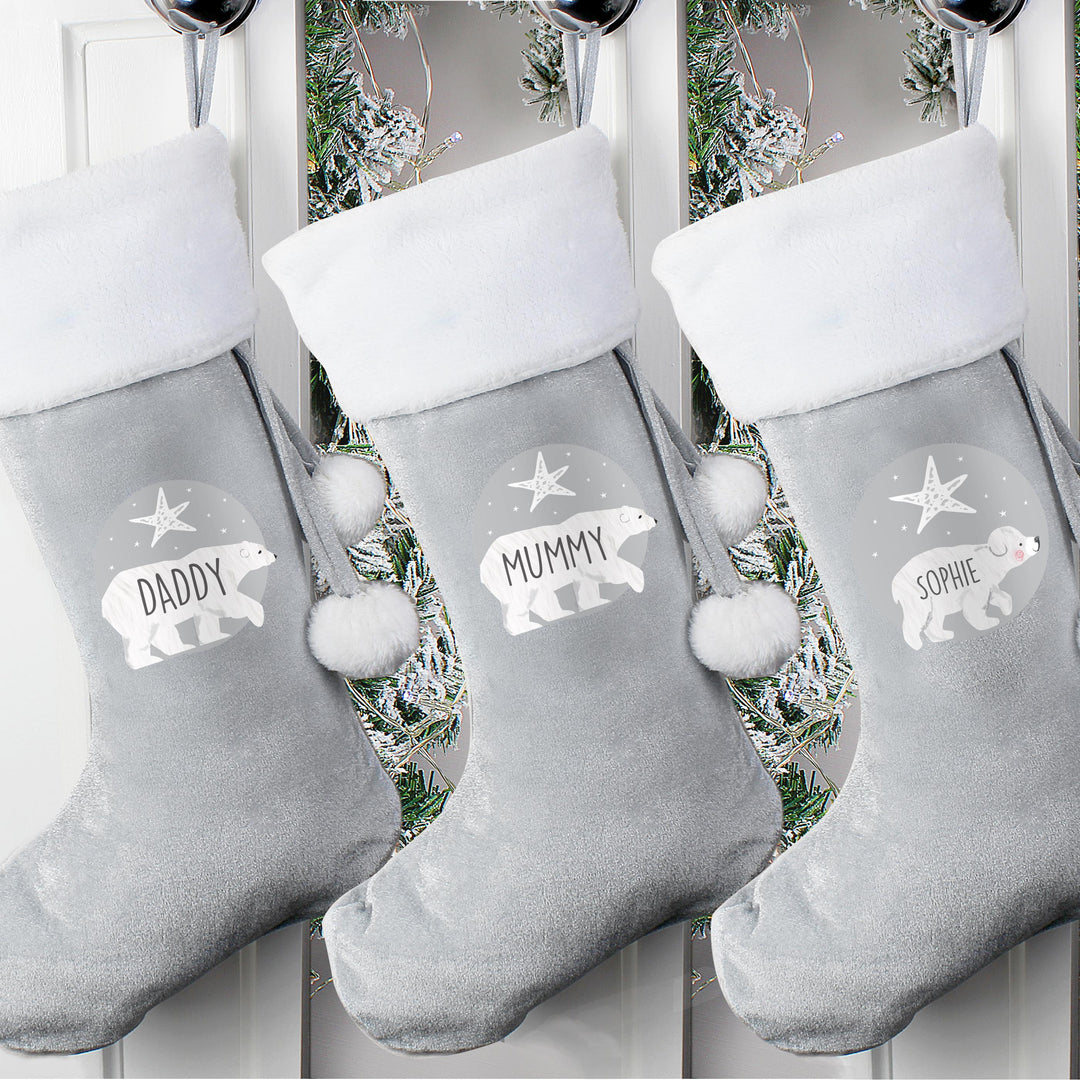 Personalised Polar Bear Luxury Silver Grey Stocking, The Personal Shop, personalised gifts