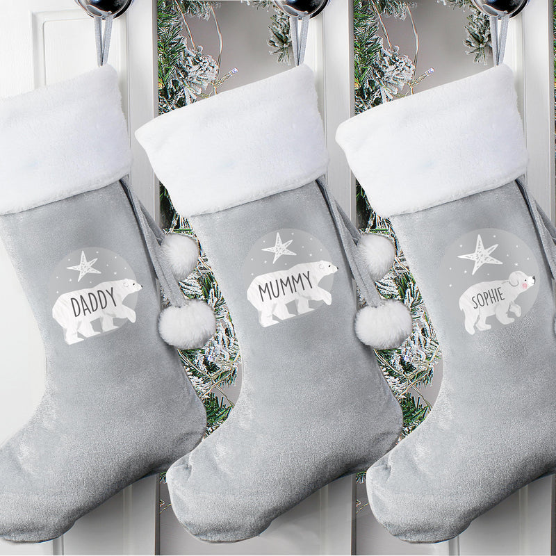 Personalised Polar Bear Luxury Silver Grey Stocking