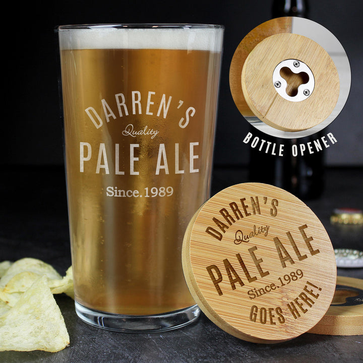 Personalised Free Text Bamboo Bottle Opener Coaster and Pint Glass – alternative view