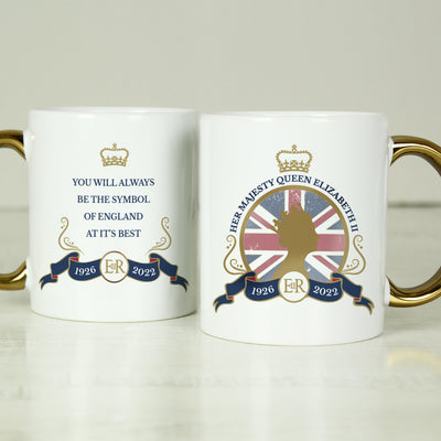 Personalised Queens Commemorative Union Jack Gold Handle Mug