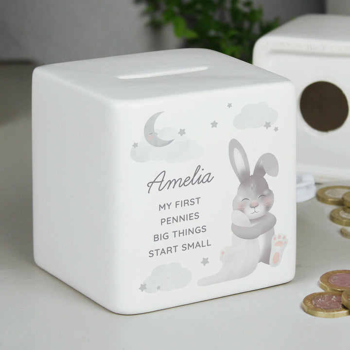 Personalised Baby Bunny Ceramic Square Money Box – alternative view