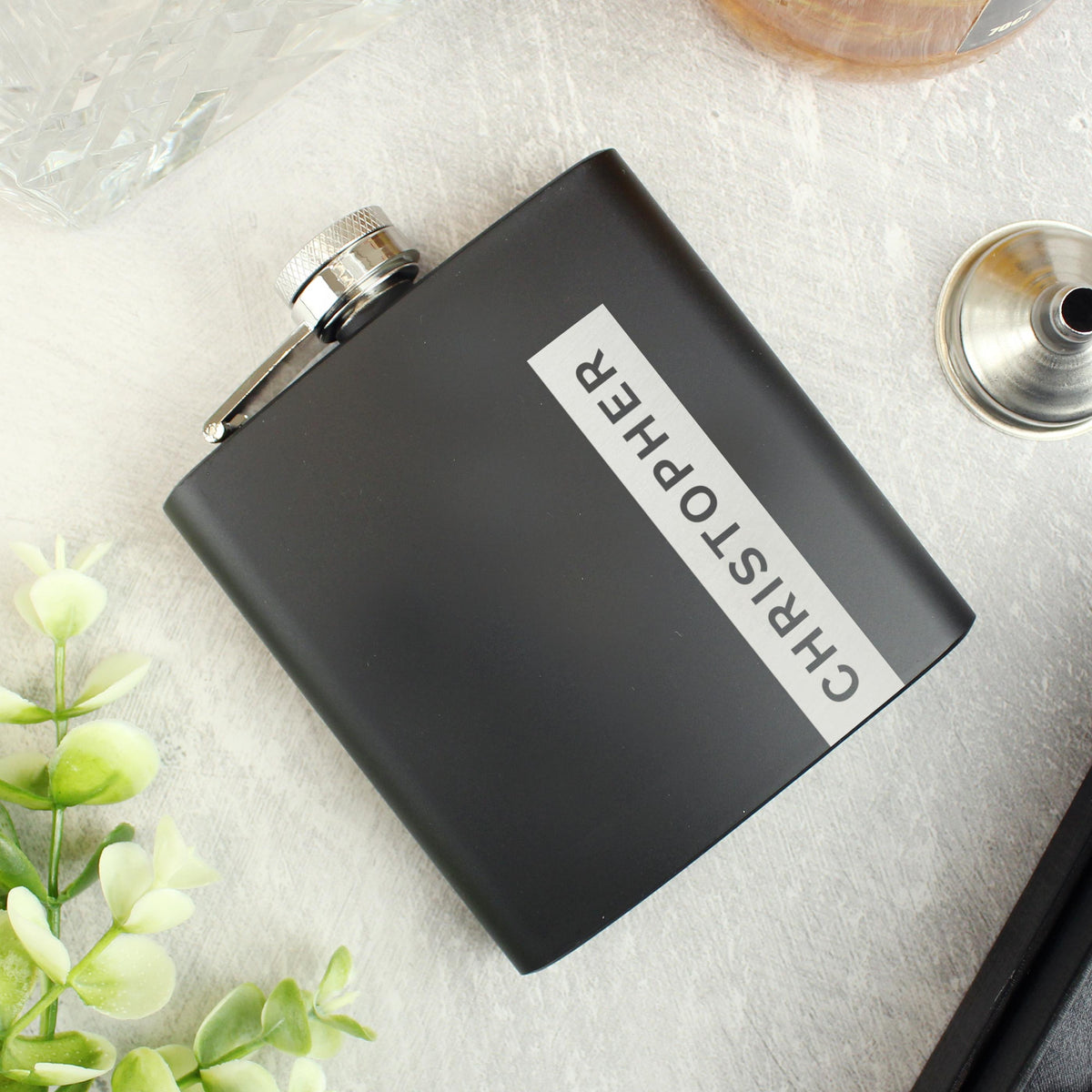 Personalised Name Only Black Hip Flask – alternative view