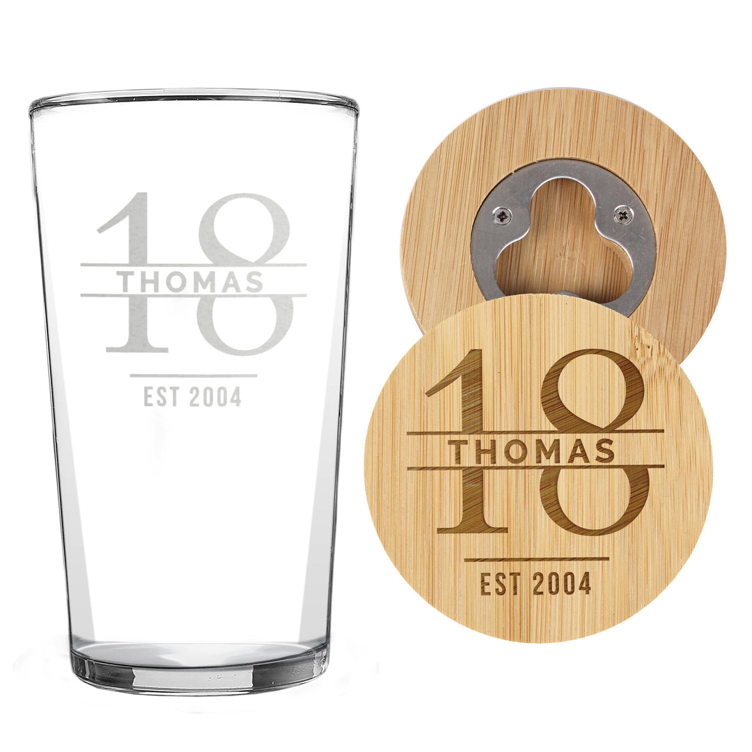 Personalised Big Age Bamboo Bottle Opener Coaster and Pint Glass Set – alternative view