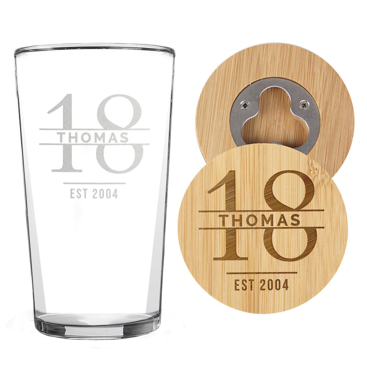 Personalised Big Age Bamboo Bottle Opener Coaster and Pint Glass Set – alternative view