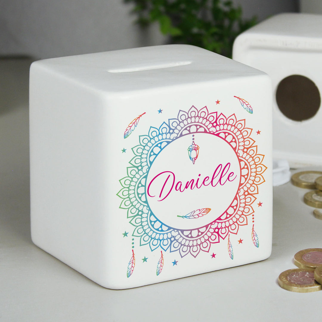 Personalised Dreamcatcher Ceramic Square Money Box – alternative view