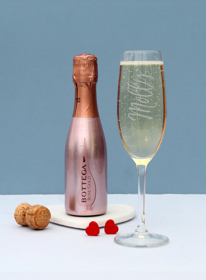 Personalised Name Only Flute &amp; Mini Rose Bottega Prosecco Set