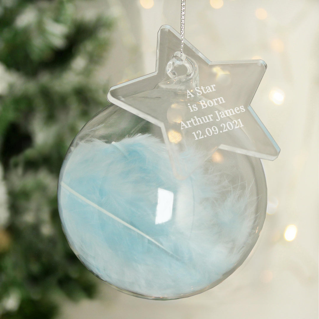 Personalised Free Text Blue Feather Glass Bauble With Star Tag – alternative view