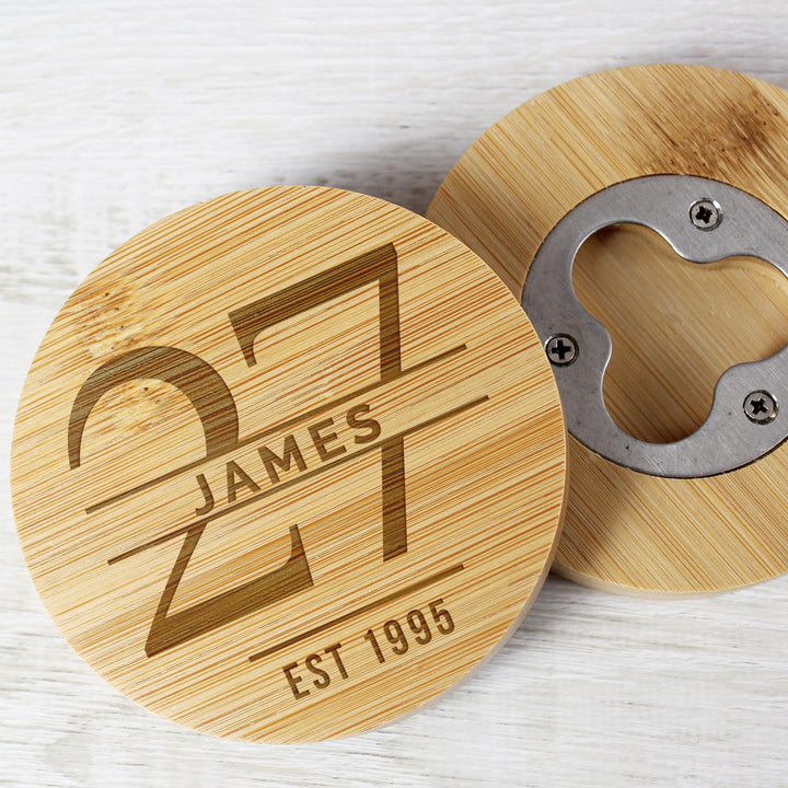 Personalised Big Age Bamboo Bottle Opener Coaster, The Personal Shop, personalised gifts