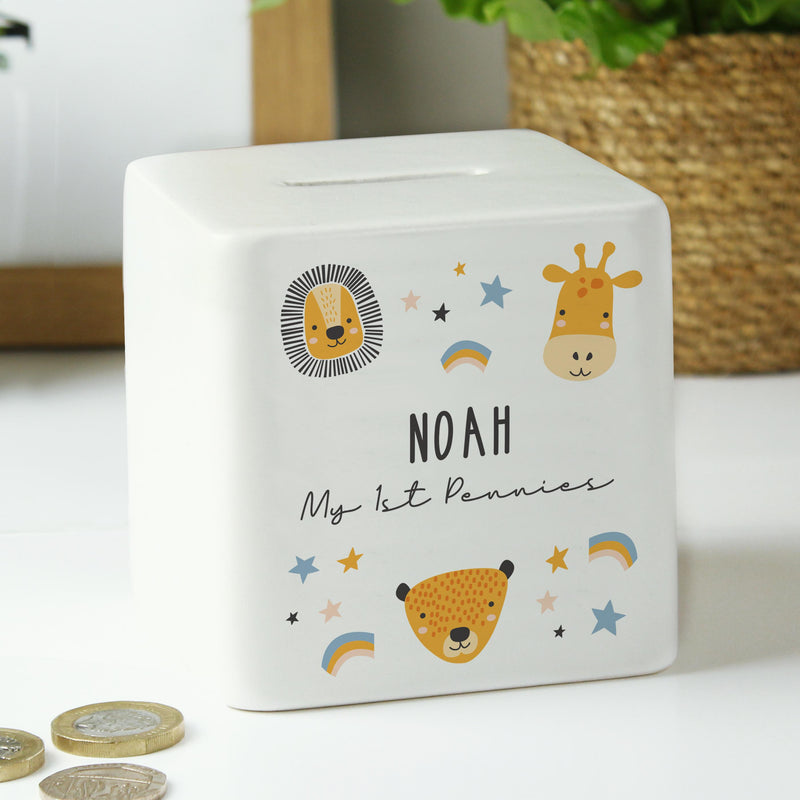 Personalised Scandi Safari Animals Ceramic Square Money Box