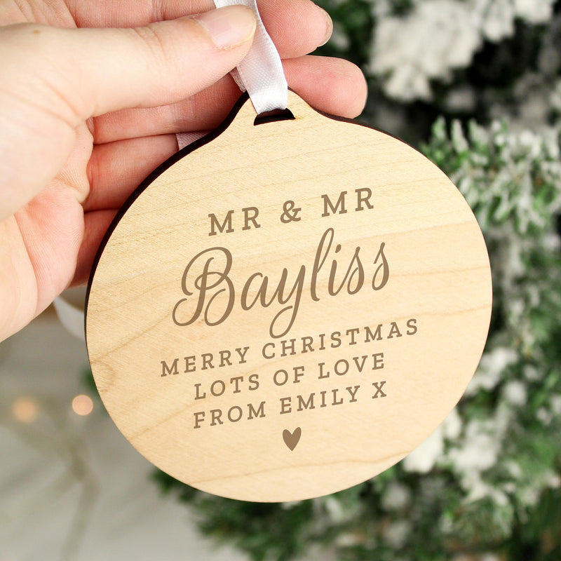 Personalised Mr & Mrs Round Wooden Decoration