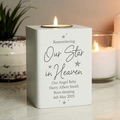 Personalised Our Star In Heaven White Wooden Tea light Holder