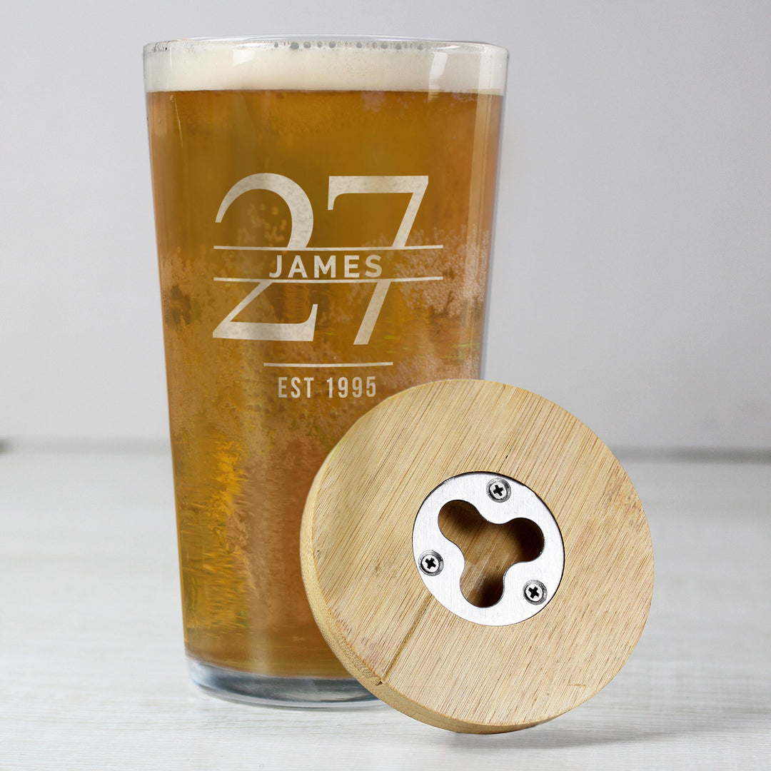 Personalised Big Age Bamboo Bottle Opener Coaster and Pint Glass Set – alternative view