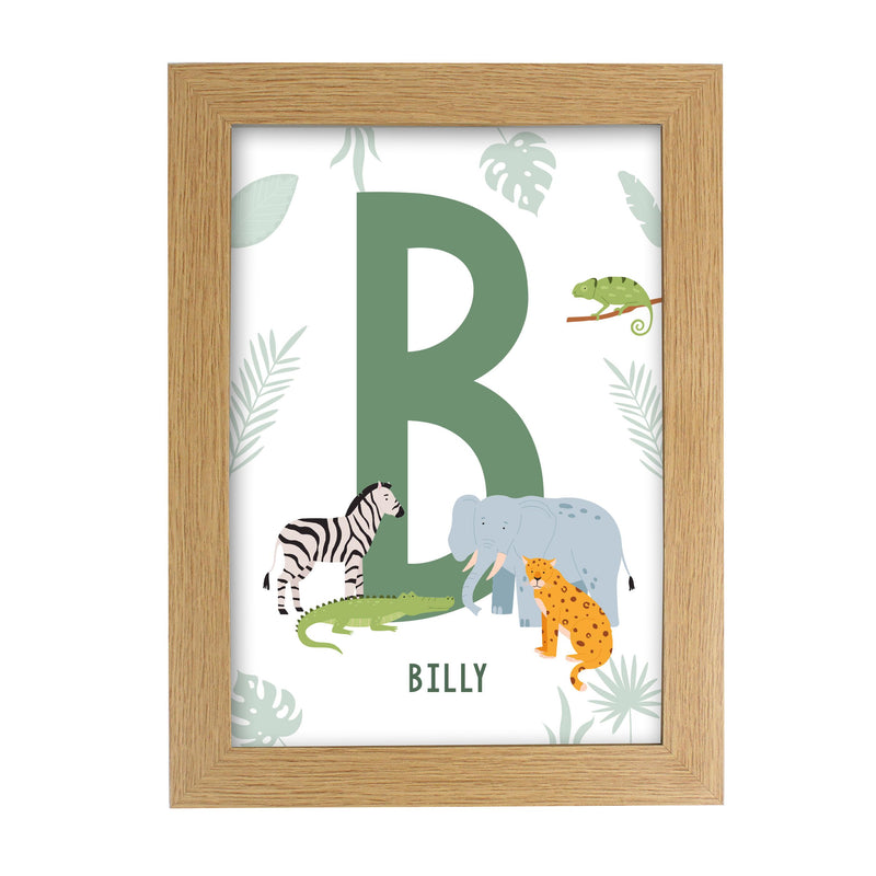 Personalised Jungle Animals Initial A4 Oak Framed Print