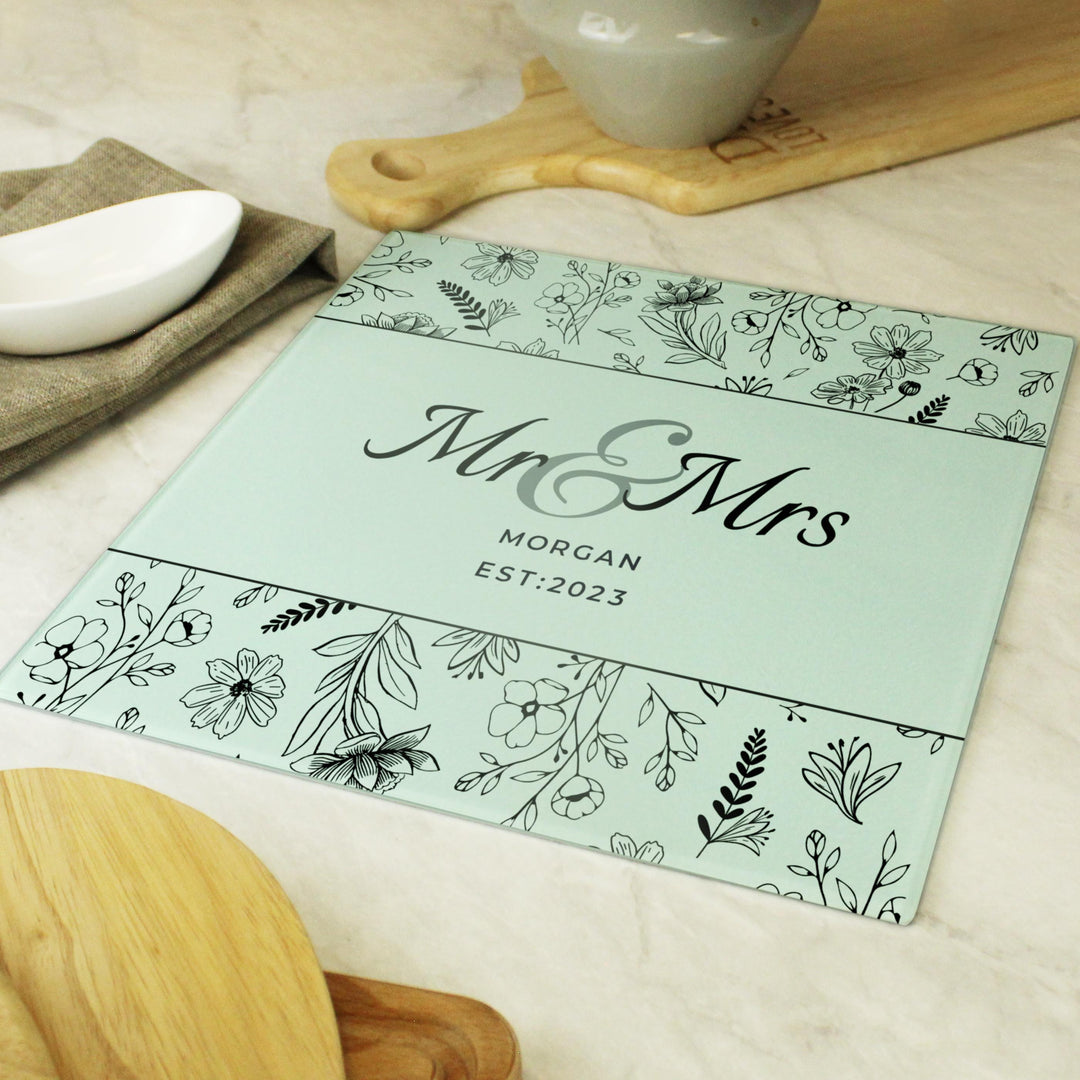 Personalised Mr &amp; Mrs Botanical Glass Chopping Board/Worktop Saver – alternative view