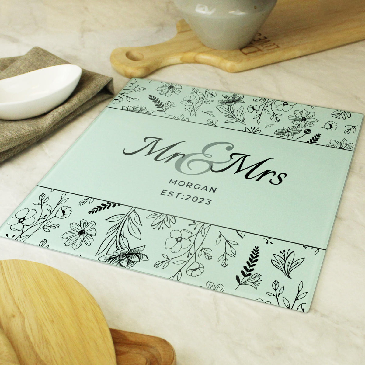 Personalised Mr & Mrs Botanical Glass Chopping Board/Worktop Saver – alternative view