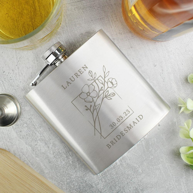 Personalised Monochrome Floral Wedding Party Hip Flask