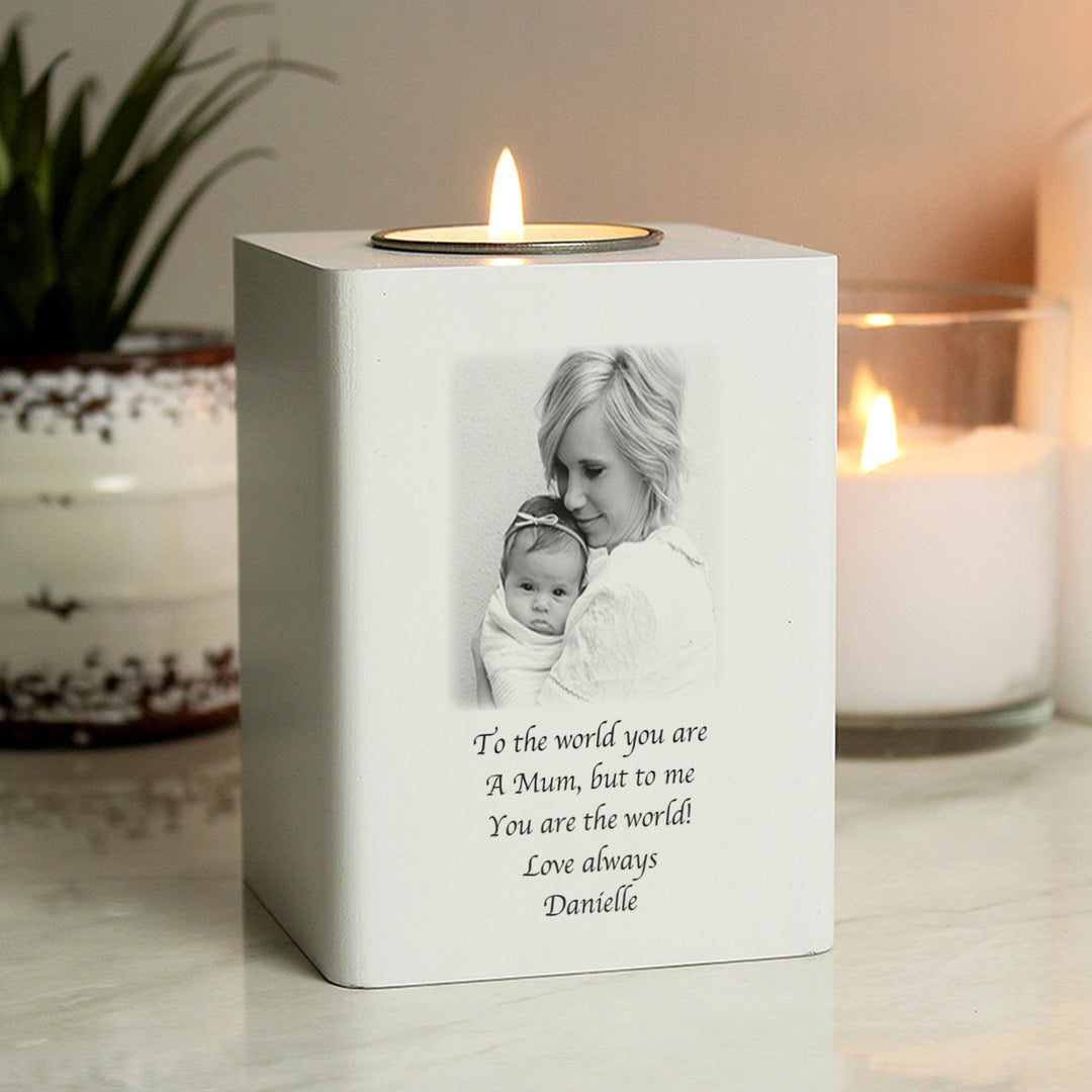 Personalised Photo Upload White Wooden Tea light Holder – alternative view