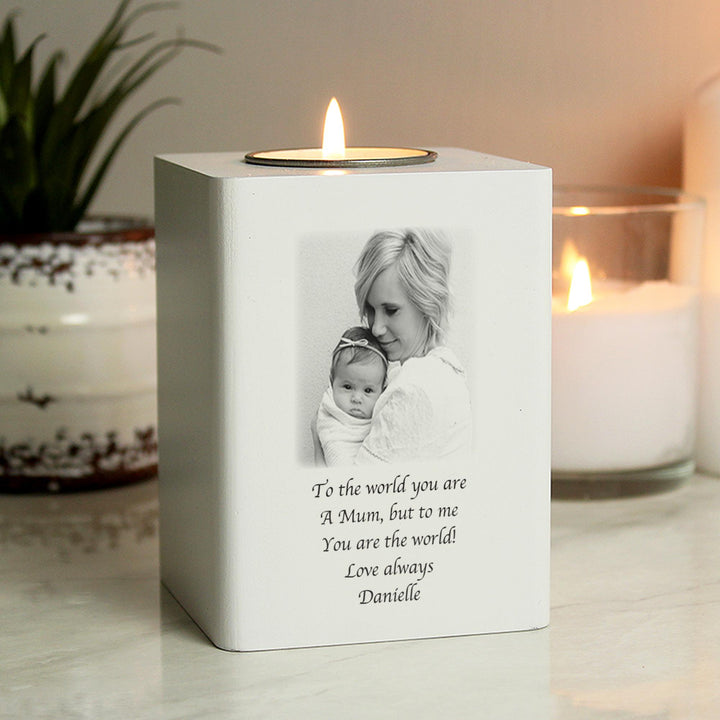 Personalised Photo Upload White Wooden Tea light Holder – alternative view