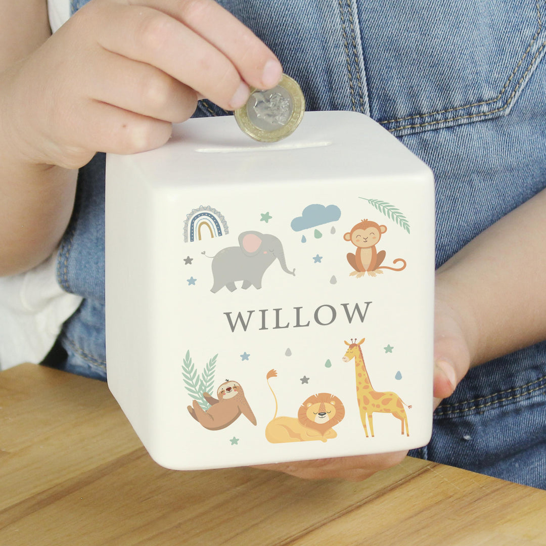 Personalised Safari Animals Ceramic Baby Moneybox – alternative view
