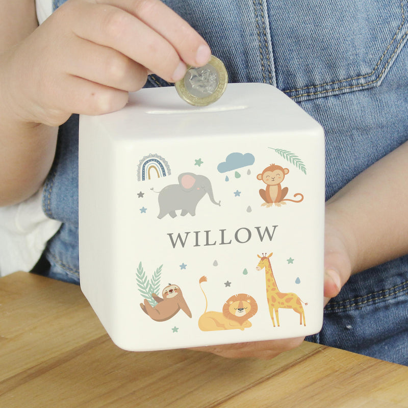 Personalised Safari Animals Ceramic Baby Moneybox