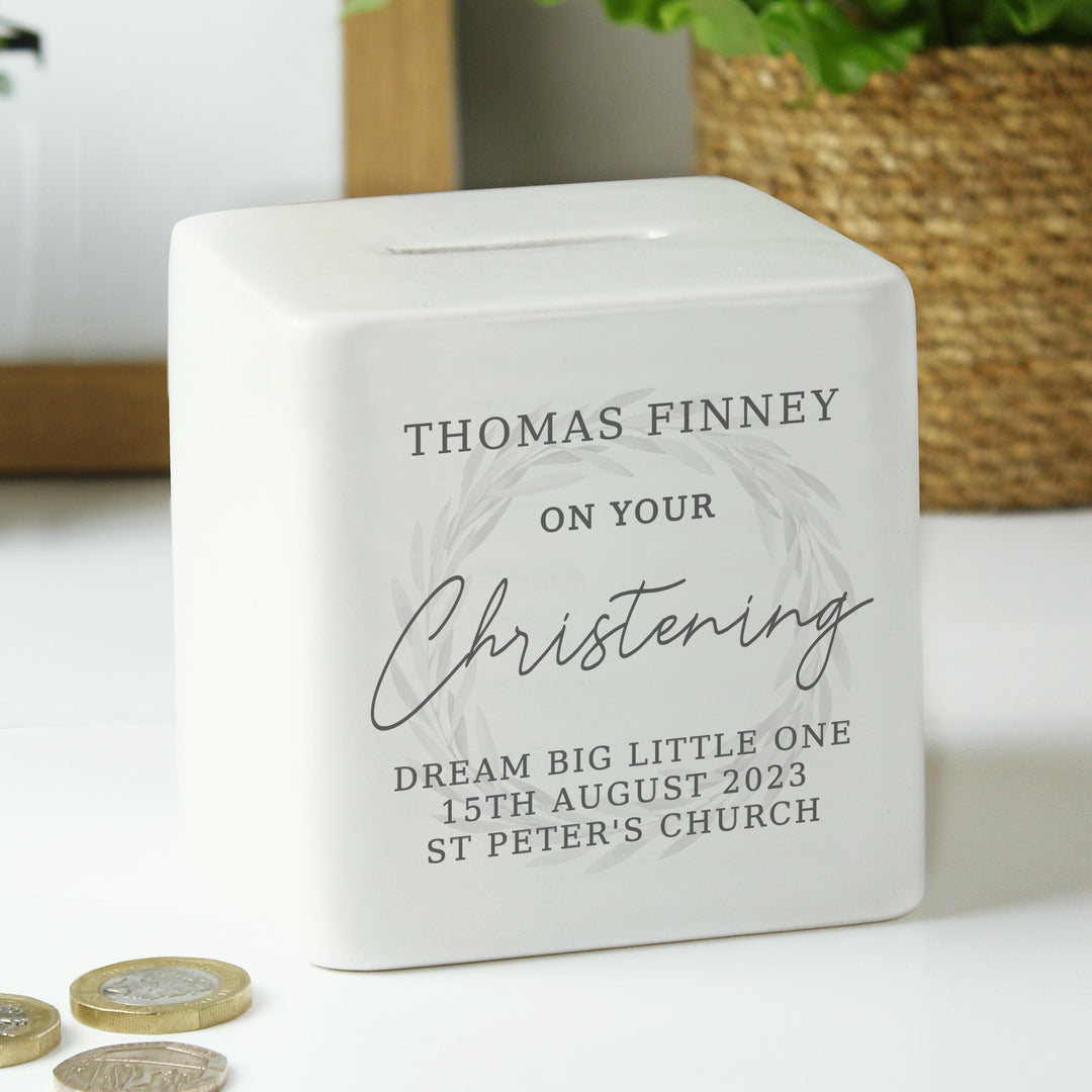 Personalised Christening Ceramic Square Money Box – alternative view