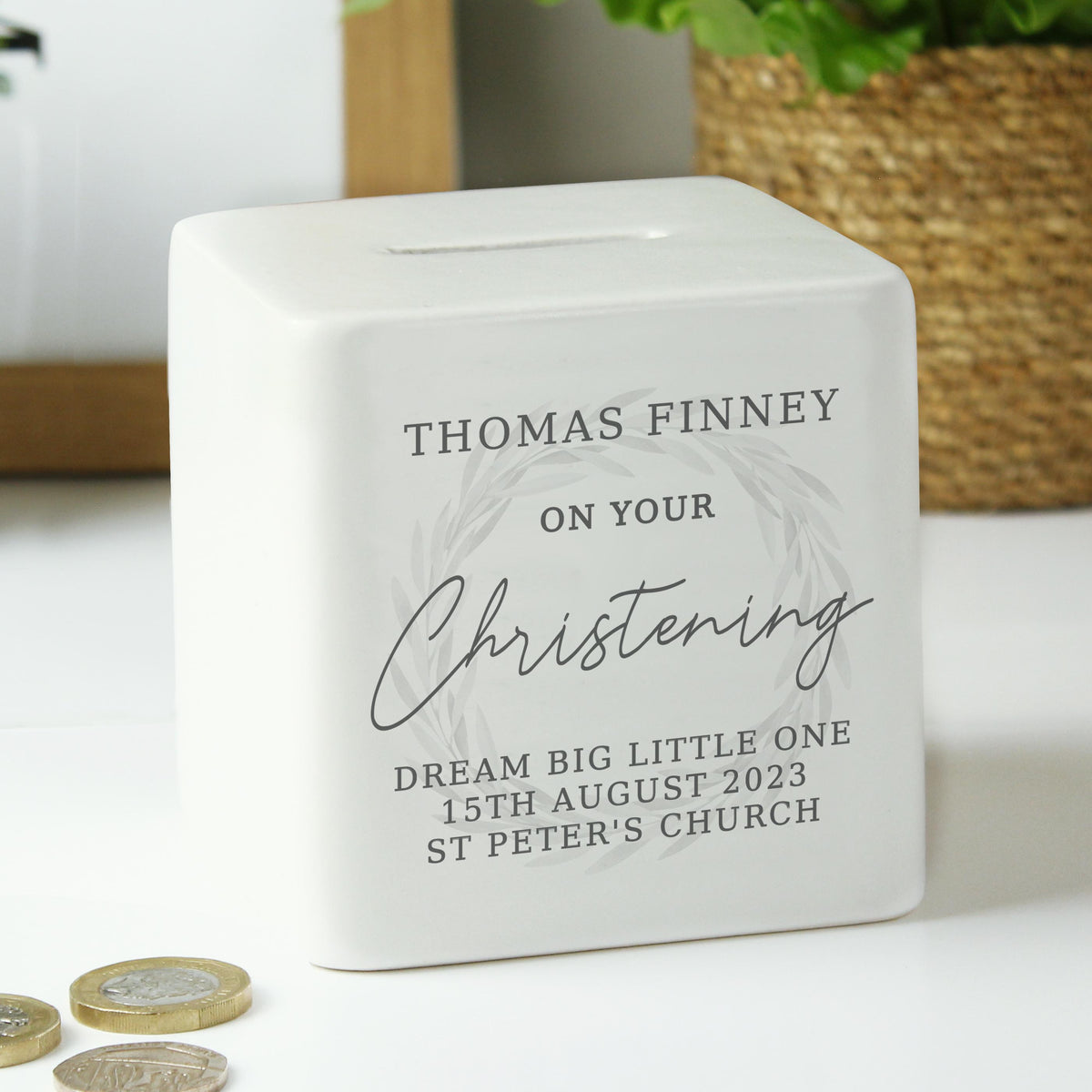 Personalised Christening Ceramic Square Money Box – alternative view