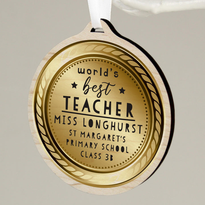 Personalised Worlds Best Teacher Round Wooden Medal – alternative view