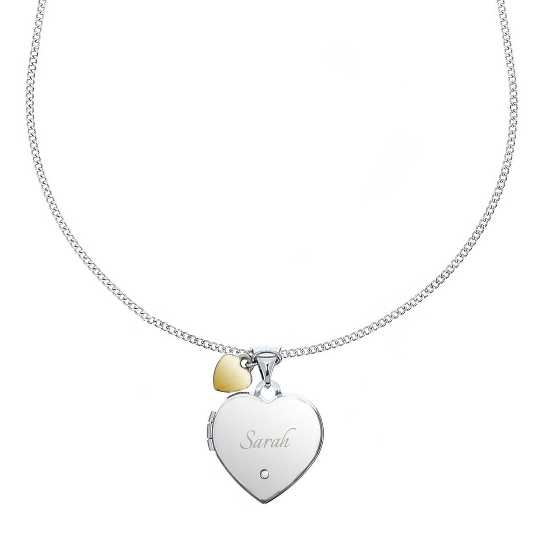 Personalised Sterling Silver Heart Locket Necklace with Diamond and 9ct Gold Charm – alternative view