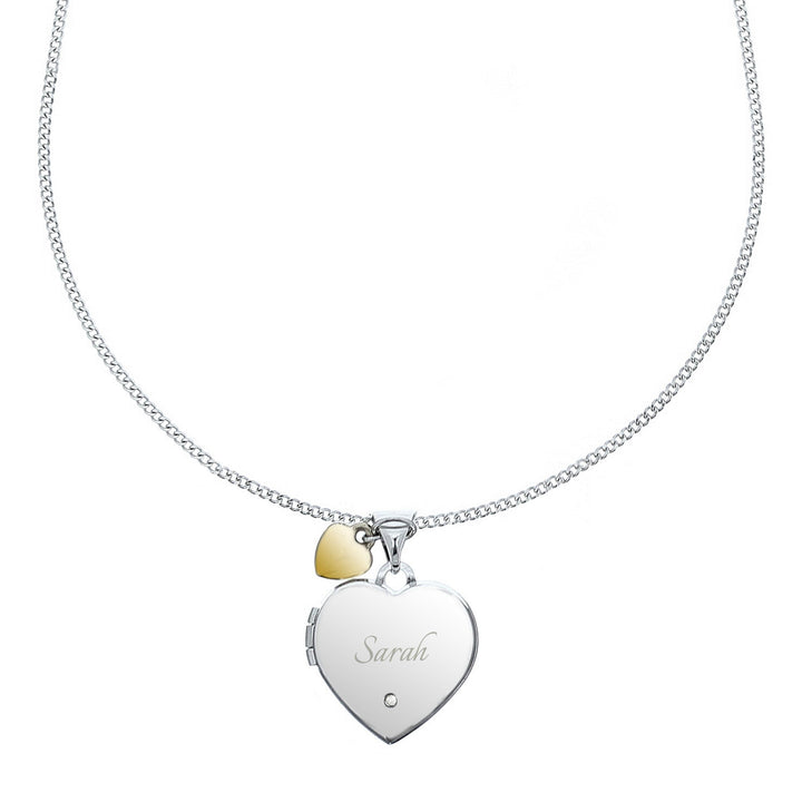 Personalised Sterling Silver Heart Locket Necklace with Diamond and 9ct Gold Charm – alternative view