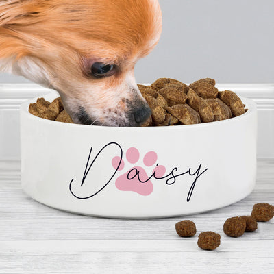 Personalised Pink Pawprint Name 14cm Medium Pet Bowl