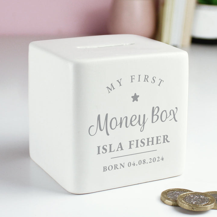 Personalised My First Ceramic Square Money Box – alternative view