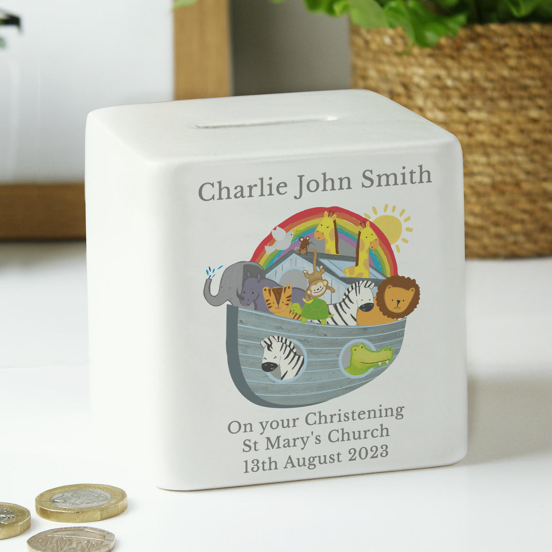 Personalised Noahs Ark Ceramic Square Money Box – alternative view