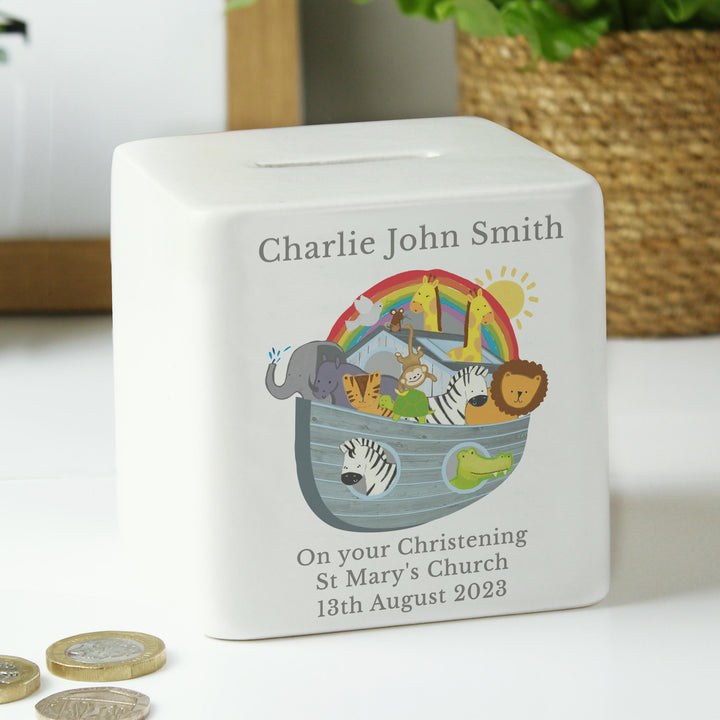 Personalised Noahs Ark Ceramic Square Money Box – alternative view