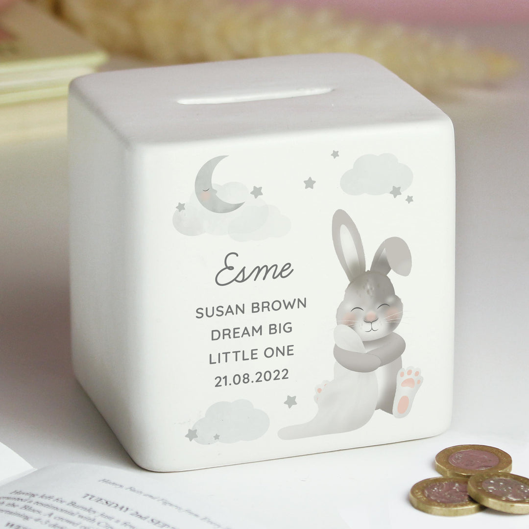 Personalised Baby Bunny Ceramic Square Money Box – alternative view