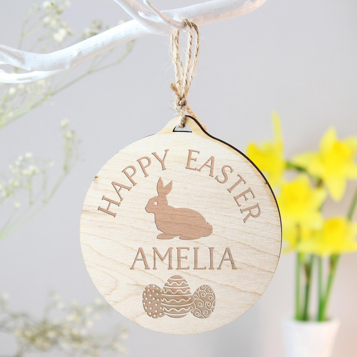 Personalised Easter Bunny Round Wooden Decoration