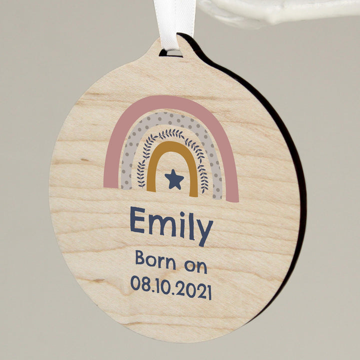 Personalised Pink Rainbow Round Wooden Decoration – alternative view