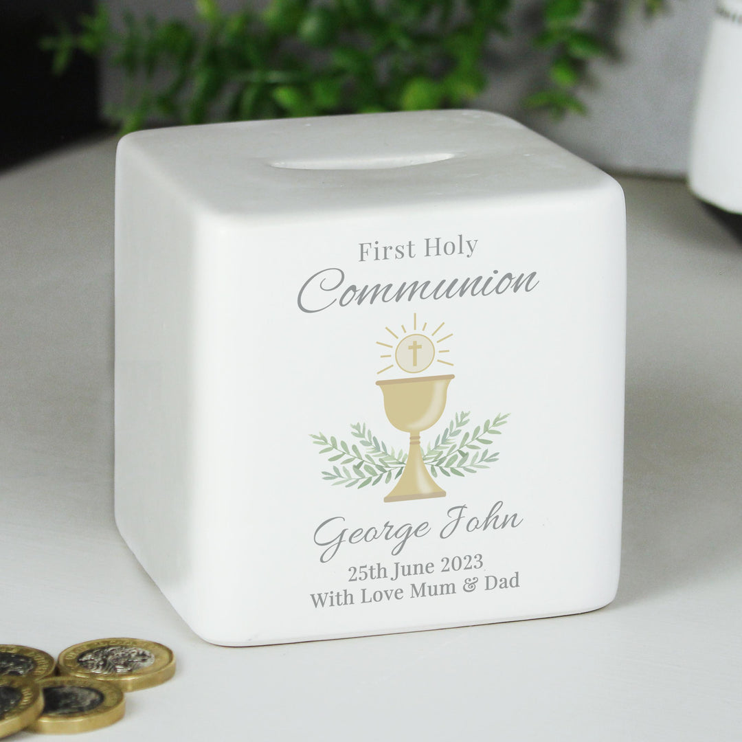 Personalised First Holy Communion Ceramic Square Money Box, The Personal Shop, personalised gifts