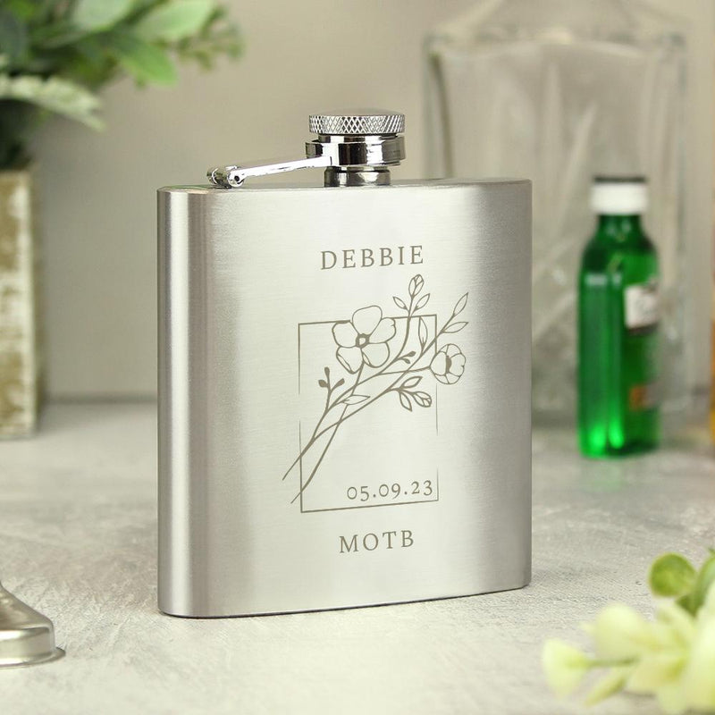 Personalised Monochrome Floral Wedding Party Hip Flask