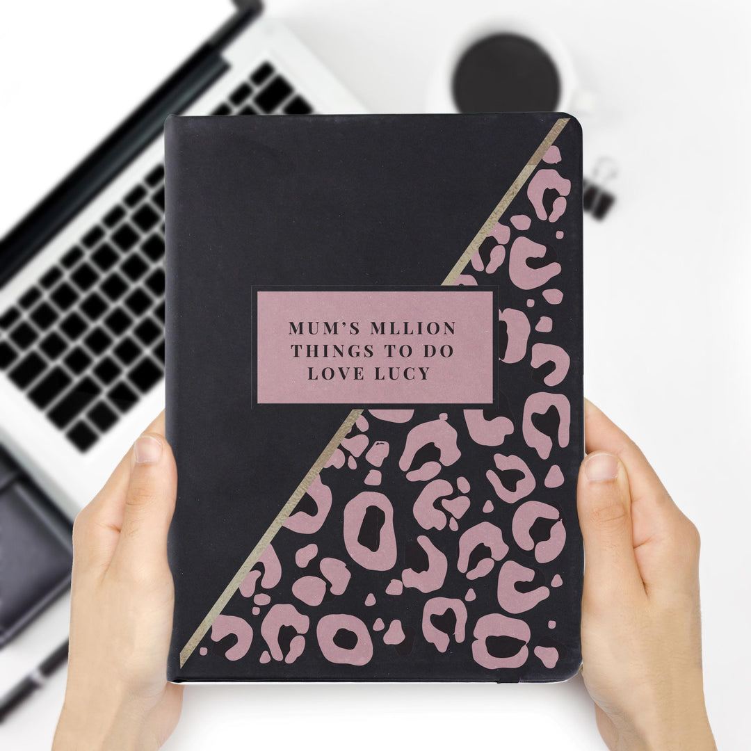 Personalised Leopard Print Black Hardback Notebook – alternative view