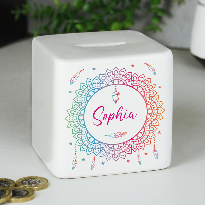 Personalised Dreamcatcher Ceramic Square Money Box – alternative view