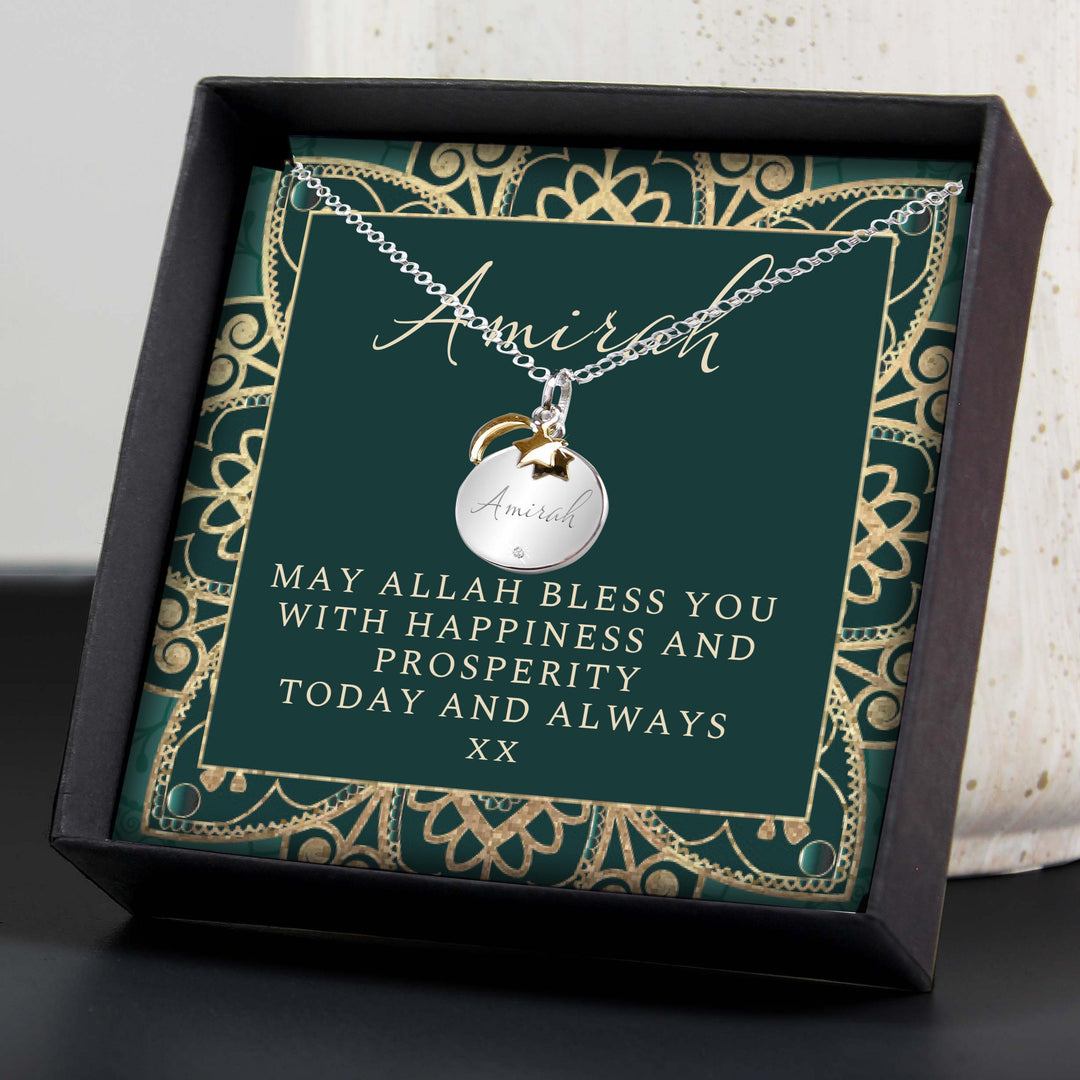 Personalised Sentiment Eid Moon &amp; Star Sterling Silver Necklace and Box