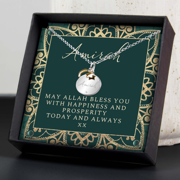 Personalised Sentiment Eid Moon &amp; Star Sterling Silver Necklace and Box