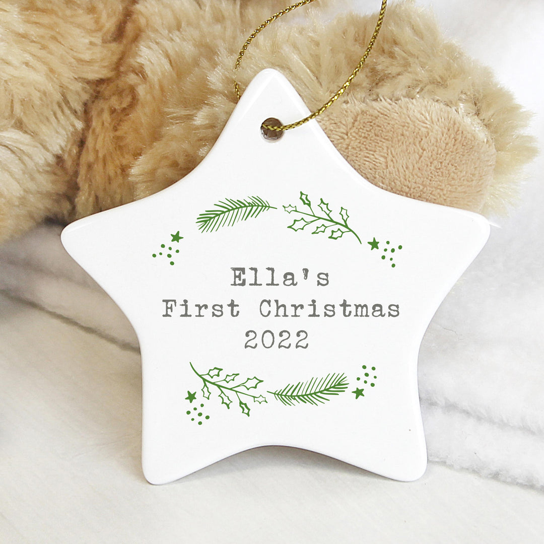 Personalised Christmas Holly Ceramic Star Decoration, The Personal Shop, personalised gifts